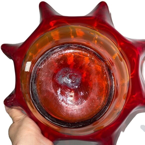 Blenko Vintage Amberina Ruffle Bowl Red Size Large Mid Century Modern MCM Orange - Picture 4 of 12